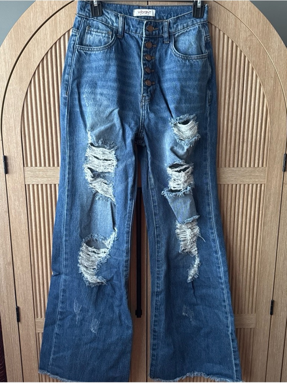 Vibrant Distressed High-Rise Flare Jeans - Blue